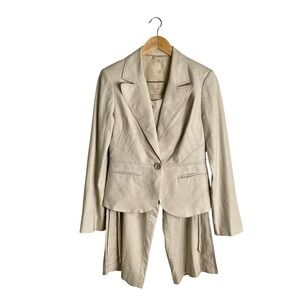 Vintage Y2K Cache Linen Capri Pant Suit Set 6 Beige Blazer Lace Up Co Ord Capri
